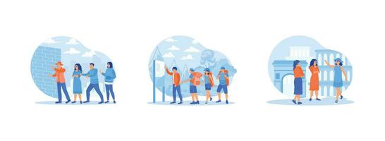 Tourist Guide concept. The tour guide explains the history of a building. Tourists gather around the tour guide. Tourists go on tour. Set Trend Modern vector flat illustration