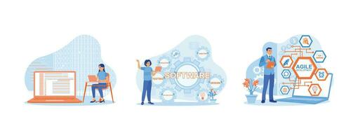 Software developer concept. They are developing programs on software. Computer experts develop software and automate business processes. set trend modern vector flat illustration