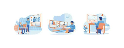 Video Editor concept. Documentary video color correction. Processing film montages. I was editing videos in the studio. set trend modern vector flat illustration