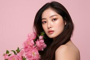 ai generado coreano belleza modelo con perfecto piel y primavera flores foto