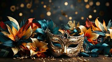 AI generated Elegant Venetian Mask Amidst Blue Feathers and Golden Beads photo