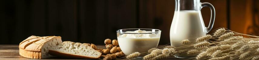 AI generated Fresh Dairy Products on Wooden Table with Rustic Backdrop. photo
