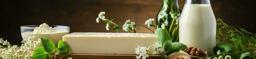 ai generado Fresco lechería productos en de madera mesa con rústico fondo. foto