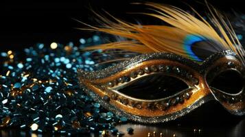 AI generated Elegant Venetian Mask Amidst Blue Feathers and Golden Beads photo