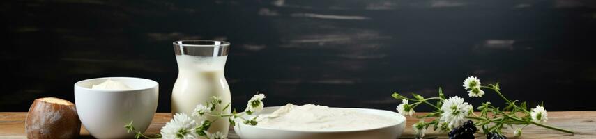 AI generated Fresh Dairy Products on Wooden Table with Rustic Backdrop. photo