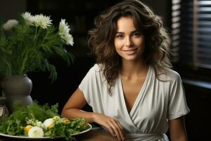 AI generated Beautiful Woman with Fresh Vegetables Promoting Healthy Lifestyle Choices. photo