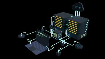 computer tecnologia 3d animazione. calcolo di grande dati centro. nube informatica. in linea dispositivi caricare e Scarica informazione. trasparente sfondo con alfa canale video