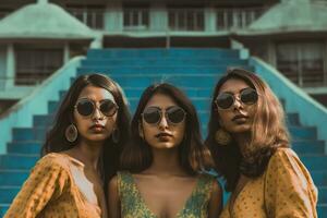 AI generated three young women wearing sunglasses and standing together in front of a beautiful temple. They are likely enjoying their time and capturing a memorable moment during their visit to the historical site. photo