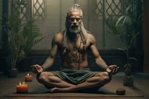 AI generated A bearded man with long hair is sitting cross-legged on the floor, holding a candle in his hand and focusing on meditation. He appears calm and at peace as he engages in this spiritual practice. photo