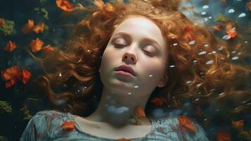 AI generated a beautiful red-haired woman with a peaceful expression, sleeping underwater with her eyes closed. Her long hair floats gently around her as she lies in a tranquil state. photo