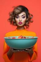 AI generated a beautiful woman with curly hair wearing an orange outfit, holding a large blue bowl filled with a variety of fruits. The bowl contains multiple apples and oranges, making it a colorful and healthy display. photo