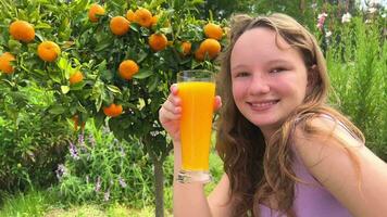 el niña bebidas naranja jugo en contra el antecedentes de un Mandarina árbol, eso lata ser naranja jugo Mandarina mango ella bebidas ávidamente y De Verdad gustos el jugo delicioso En todas partes verduras y verano video