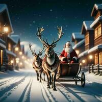 santa claus in a carriage carrying gifts, walking in the snow photo