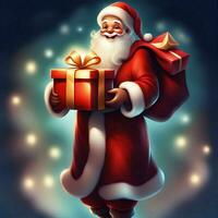 santa claus carrying a sack and holding a christmas gift photo