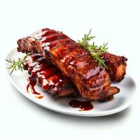 AI generated hot grilled spare ribs with barbecue sauce real photography photo