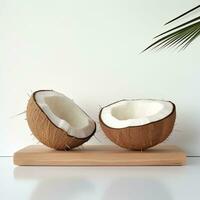 AI generated fresh coconut on shelf real photo photorealistic