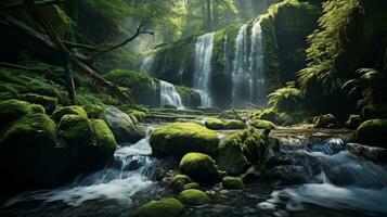 AI generated The charm of a concealed cascade nestled in the heart of the woods photo