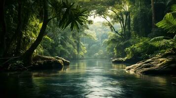 AI generated A calm river winding through a lush tropical rainforest photo