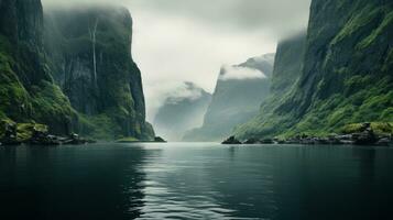 AI generated A calm fjord in Norway with towering cliffs and still waters photo