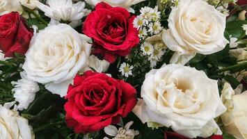 White and red roses in a bridal bouquet, close up photo