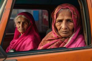 ai generado dos indio mujer con tradicional pañuelos en la cabeza montando en un coche foto