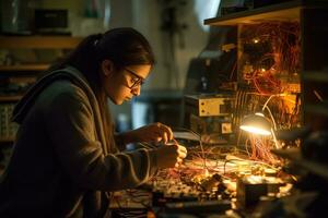 AI generated a woman in a lab, diligently working on electronic equipment. She is using a soldering iron to fix a circuit board, displaying her expertise in electronics repair and her dedication to her work. photo