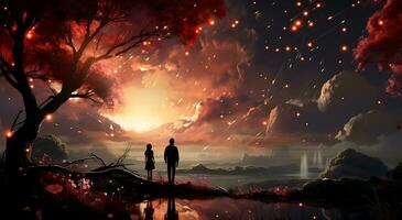 AI generated A couple sits in flower garden looking at the beautiful stars with the lights pointing up at the sky photo