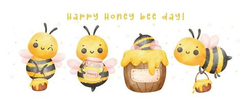 Group of cute baby honey bees watercolor banner cartoon character hand painting illustration vector. Happy Honey bee day. vector