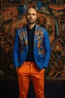 ai generado elegante hombre en un azul Saco y naranja pantalones foto