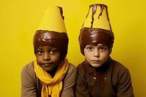 AI generated Two children wearing brown hats photo
