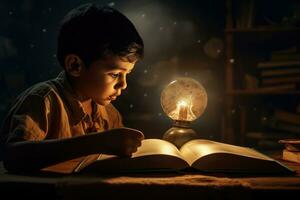 AI generated A Little Boy Reading a Book by the Light of a Oil Lamp photo