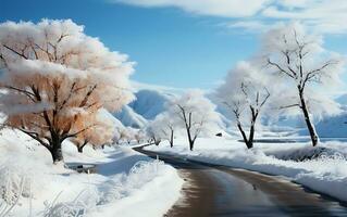 AI generated A rural road next to a foggy white mountain and light orange blue sky with some trees surrounded by snow Winter weather illustration photo