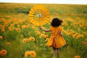 ai generado un pequeño niña con un paraguas en un campo de flores foto