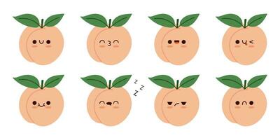 Set cute kawaii peach fruit character with a funny emoji. Peach fuzz color cartoon vector illustration