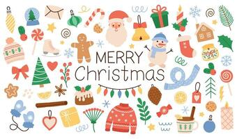 Christmas big set elements. Merry Christmas stickers. Hand drawn vector illustration