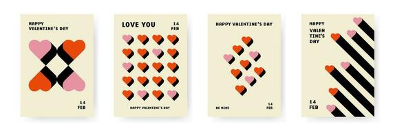 Valentines day bauhaus poster template set. Heart shape with shadow in modern style. Vector design for banner, card, cover