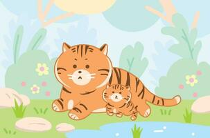 Tigre y su bebé relajante en el bosque dibujos animados estilo. vector