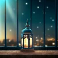 Eid mubarak and ramadan kareem greetings with islamic lantern and mosque. Eid al fitr background. Eid al fitr background of window concept by AI Generated photo