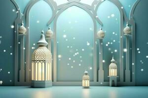 Eid mubarak and ramadan kareem greetings with islamic lantern and mosque. Eid al fitr background. Eid al fitr background of window concept by AI Generated photo