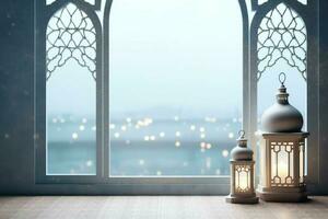 Eid mubarak and ramadan kareem greetings with islamic lantern and mosque. Eid al fitr background. Eid al fitr background of window concept by AI Generated photo
