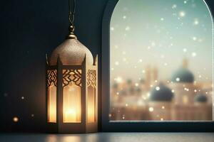 Eid mubarak and ramadan kareem greetings with islamic lantern and mosque. Eid al fitr background. Eid al fitr background of window concept by AI Generated photo