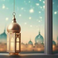 Eid mubarak and ramadan kareem greetings with islamic lantern and mosque. Eid al fitr background. Eid al fitr background of window concept by AI Generated photo