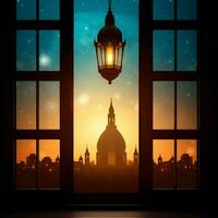 Eid mubarak and ramadan kareem greetings with islamic lantern and mosque. Eid al fitr background. Eid al fitr background of window concept by AI Generated photo