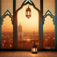 Eid mubarak and ramadan kareem greetings with islamic lantern and mosque. Eid al fitr background. Eid al fitr background of window concept by AI Generated photo