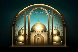 Eid mubarak and ramadan kareem greetings with islamic lantern and mosque. Eid al fitr background. Eid al fitr background of window concept by AI Generated photo