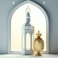 Eid mubarak and ramadan kareem greetings with islamic lantern and mosque. Eid al fitr background. Eid al fitr background of window concept by AI Generated photo