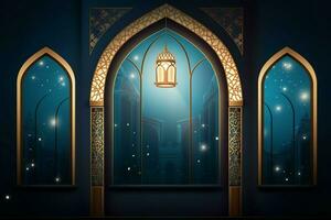 Eid mubarak and ramadan kareem greetings with islamic lantern and mosque. Eid al fitr background. Eid al fitr background of window concept by AI Generated photo