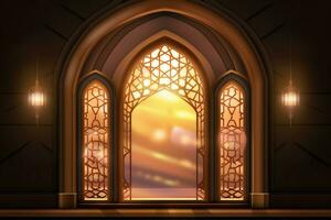 Eid mubarak and ramadan kareem greetings with islamic lantern and mosque. Eid al fitr background. Eid al fitr background of window concept by AI Generated photo