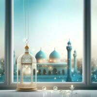 Eid mubarak and ramadan kareem greetings with islamic lantern and mosque. Eid al fitr background. Eid al fitr background of window concept by AI Generated photo