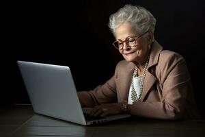 ai generado mayor mujer utilizando un ordenador portátil computadora a un mesa foto